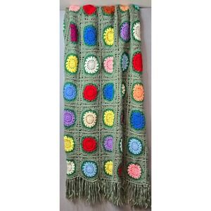 Vintage 1970s Handmade Crochet Granny Square Afghan Green Fringe Super Soft Boho